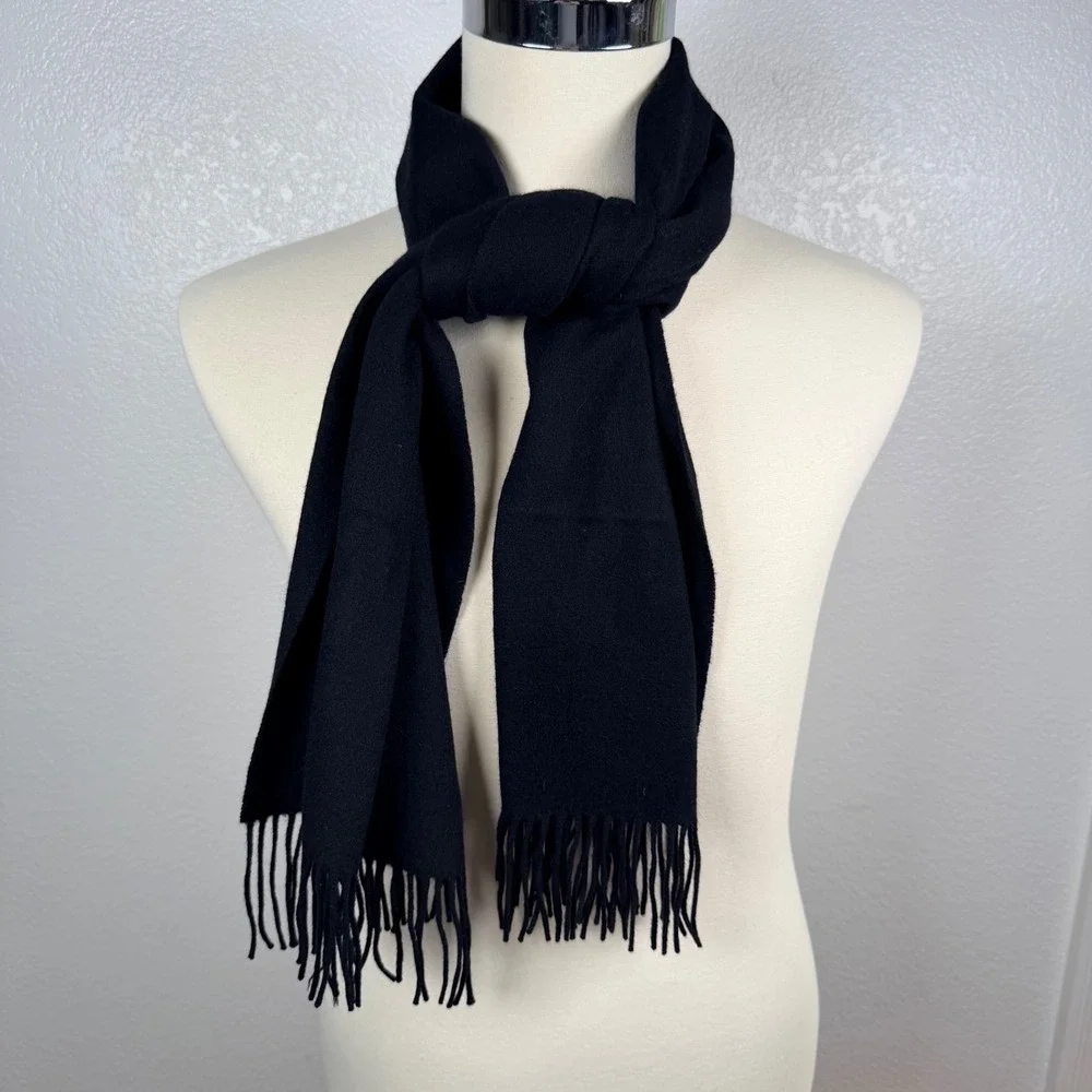 Lands End Direct Merchants Black Fringed Winter Scarf Wool Solid Classic